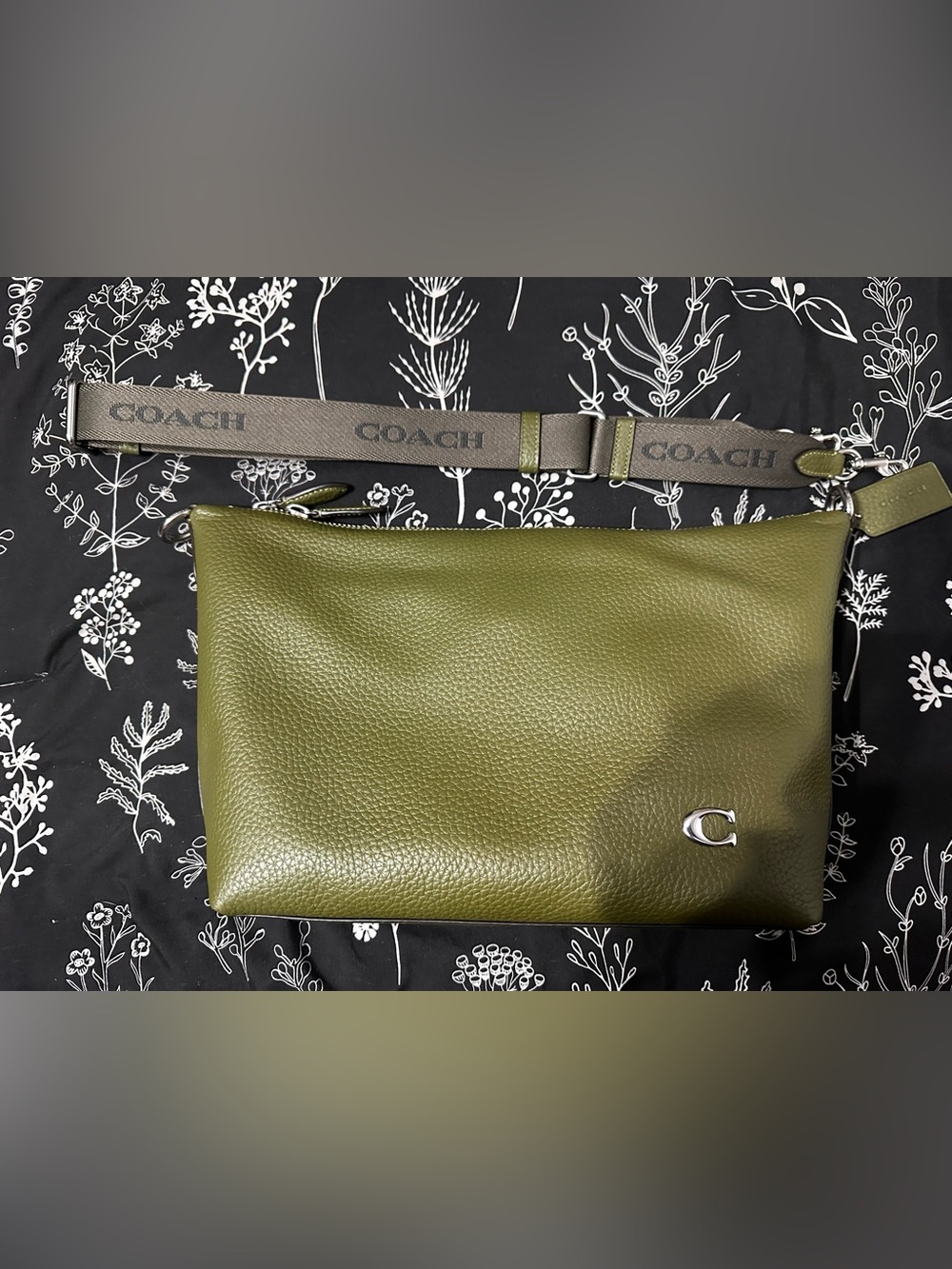 Coach Olive Green Pebbled Top Zip Messenger Crossbody with Branded Strap